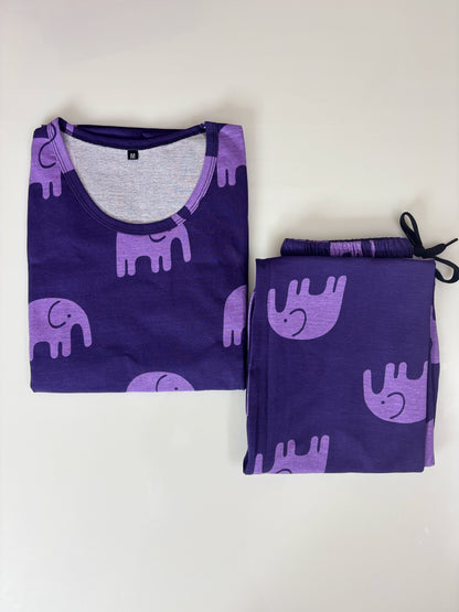 Purple Elephant Print Round Neck Half Sleeve T-Shirt & Full Pant Night Suit Set