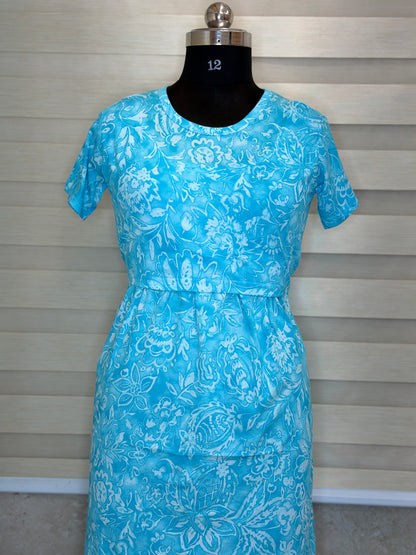 Blue Floral Print Maternity Feeding Maxi