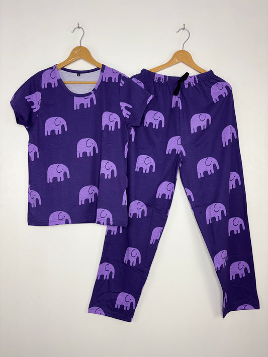 Purple Elephant Print Round Neck Half Sleeve T-Shirt & Full Pant Night Suit Set