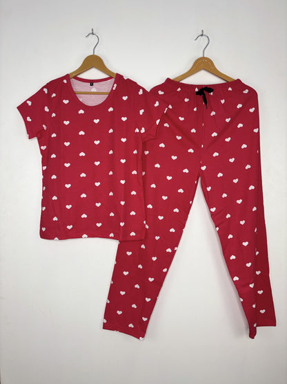 Red Heart Print Round Neck Half Sleeve T-Shirt & Full Pant Night Suit Set