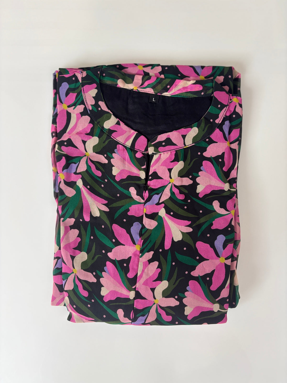 Black Pink Floral Print Center Zip Maxi Dress