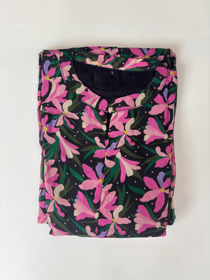 Black Pink Floral Print Center Zip Maxi Dress