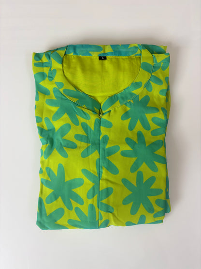 Lime Green Teal Floral Print Center Zip Maxi Dress