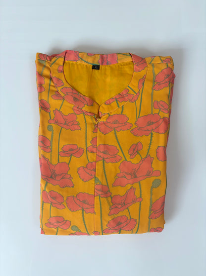 Mustard Yellow Orange Floral Print Center Zip Maxi Dress