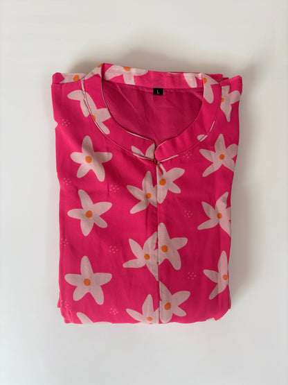 Hot Pink White Floral Print Center Zip Maxi Dress