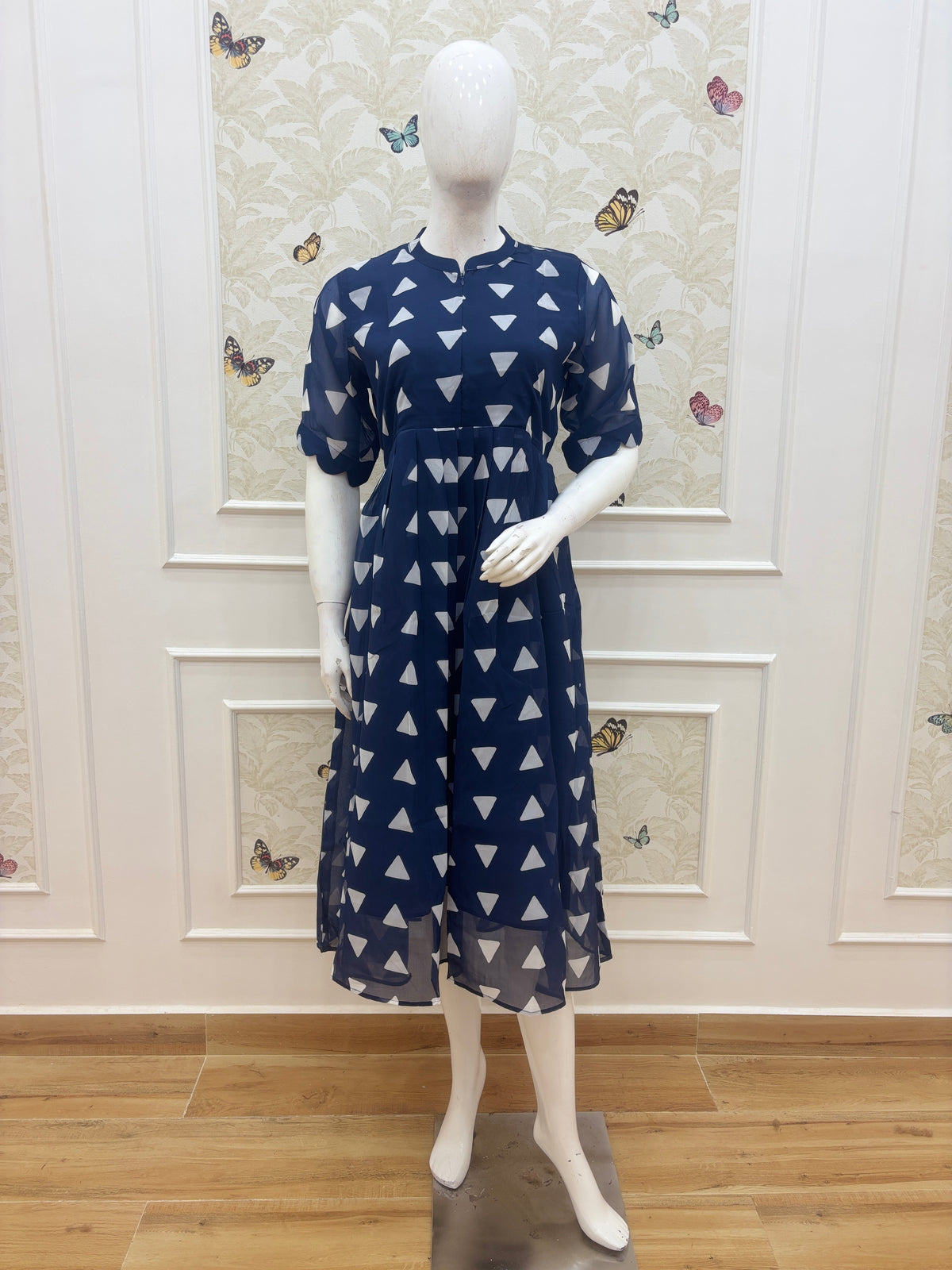 Navy Blue White Triangle Print Center Zip Maxi Dress