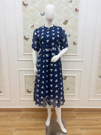 Navy Blue White Triangle Print Center Zip Maxi Dress