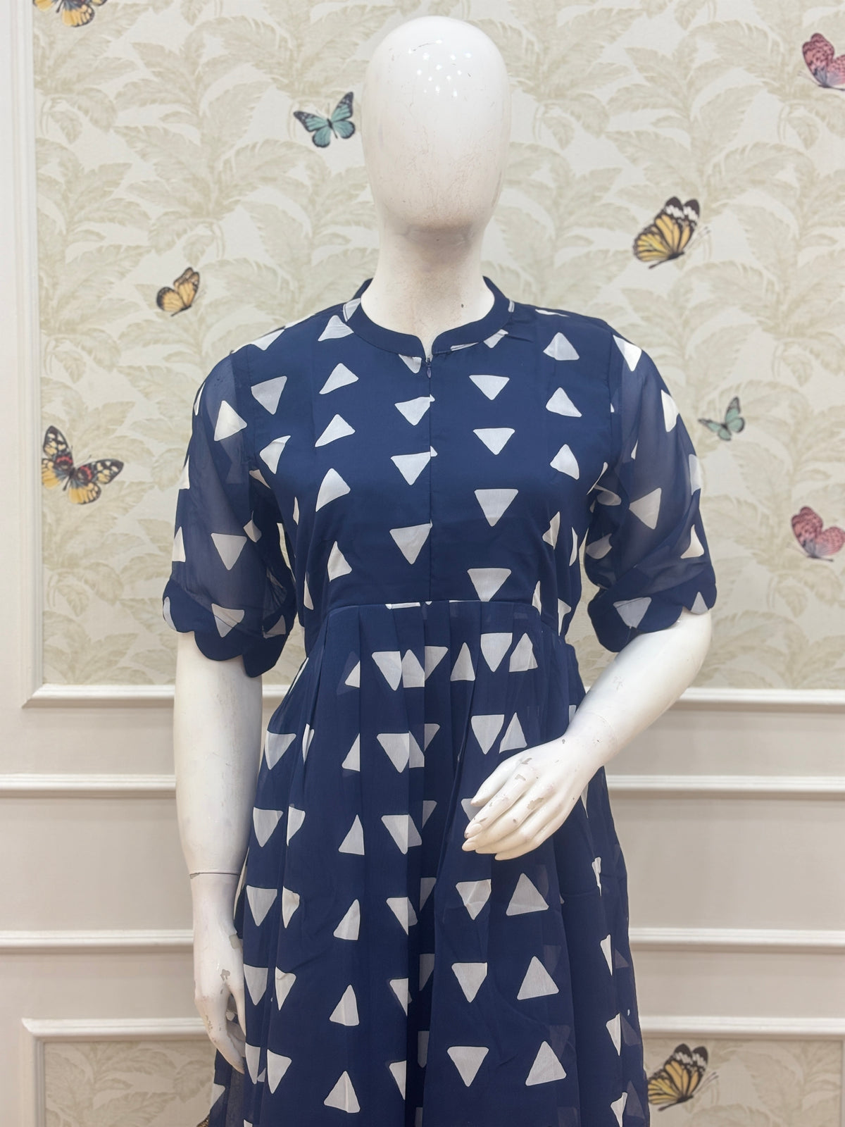 Navy Blue White Triangle Print Center Zip Maxi Dress