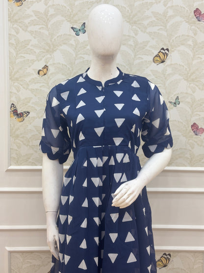 Navy Blue White Triangle Print Center Zip Maxi Dress