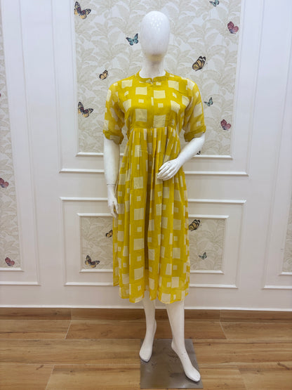 Mustard Yellow Geometric Print Center Zip Maxi Dress