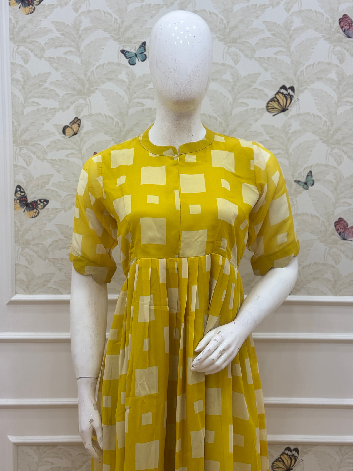 Mustard Yellow Geometric Print Center Zip Maxi Dress