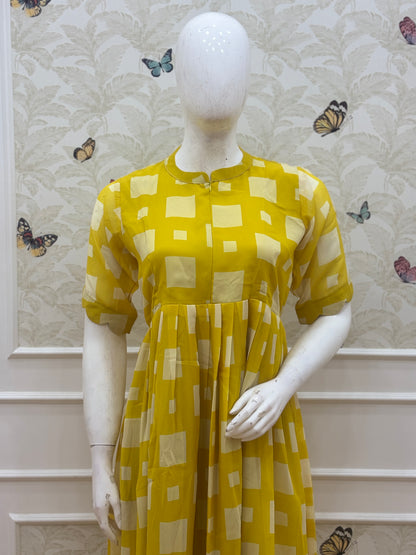 Mustard Yellow Geometric Print Center Zip Maxi Dress