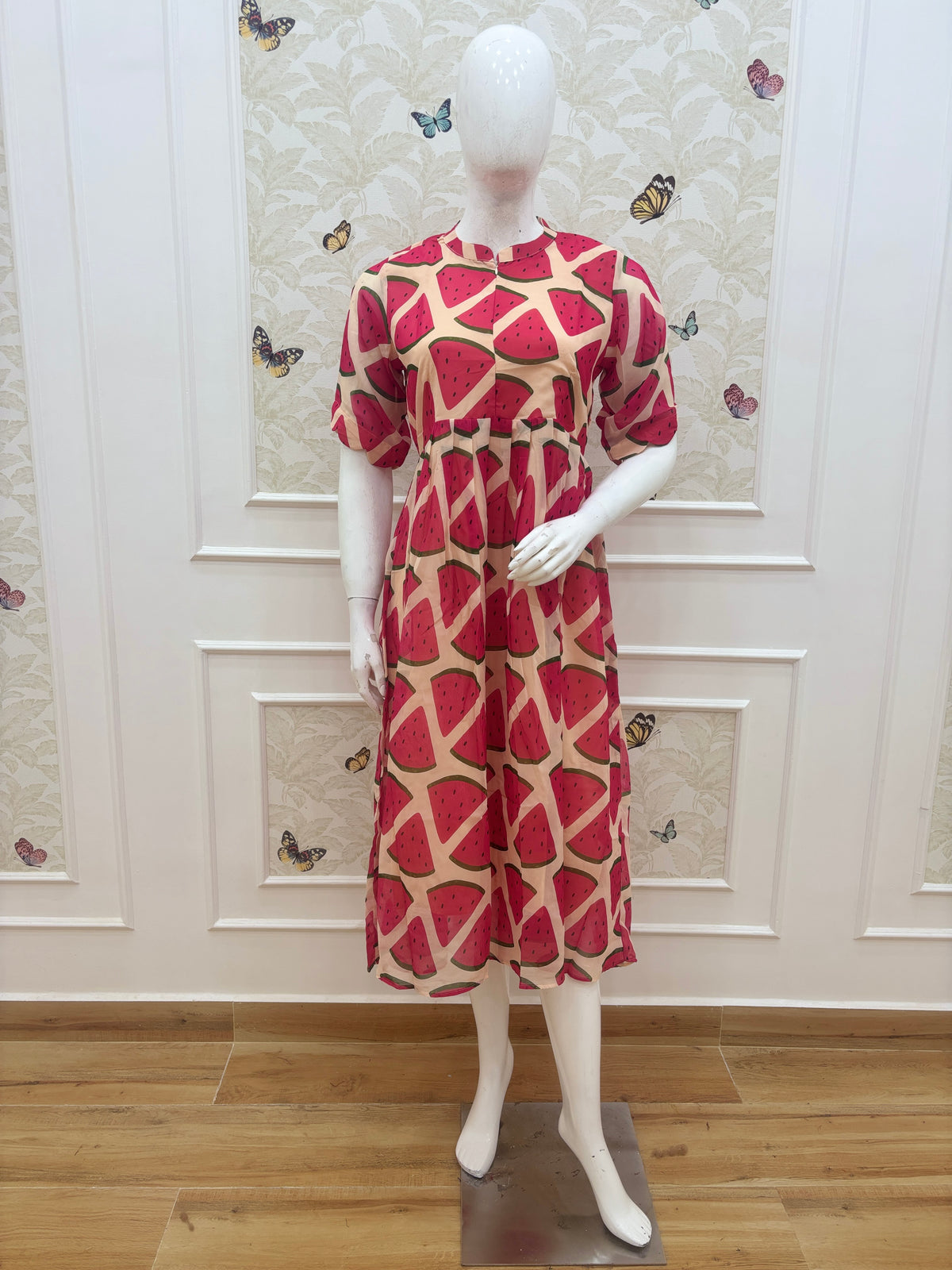 Peach Pink Watermelon Print Center Zip Maxi Dress
