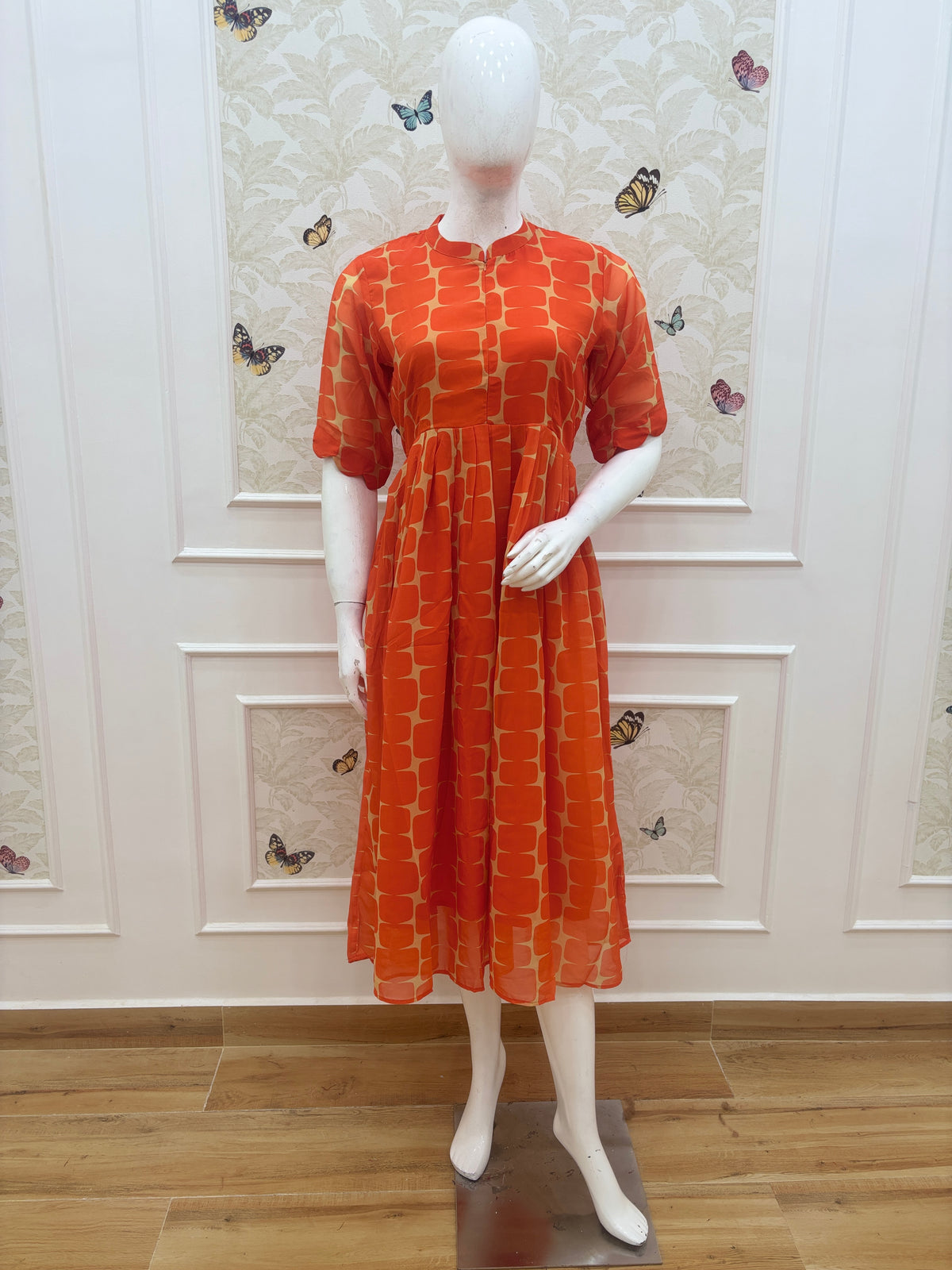 Coral Orange Geometric Print Center Zip Maxi Dress