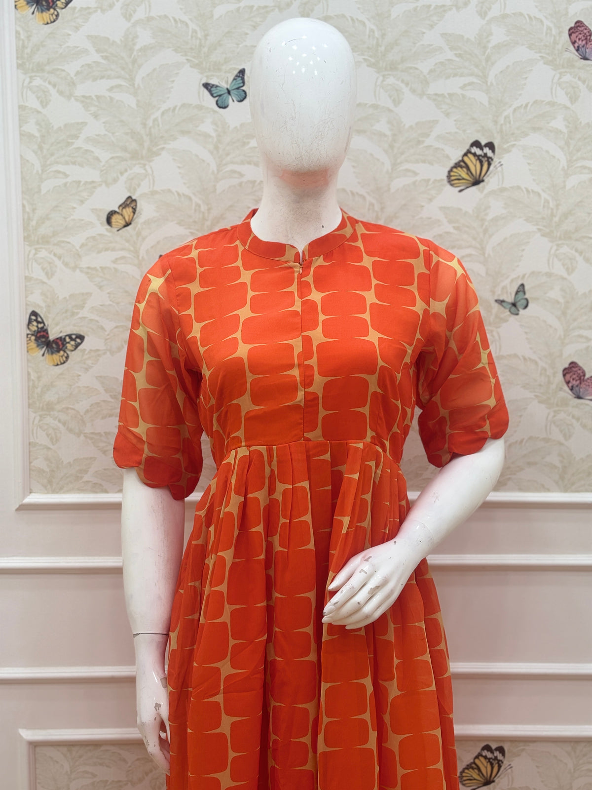 Coral Orange Geometric Print Center Zip Maxi Dress