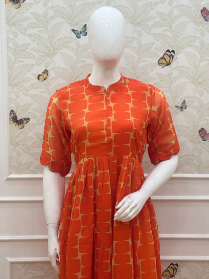 Coral Orange Geometric Print Center Zip Maxi Dress