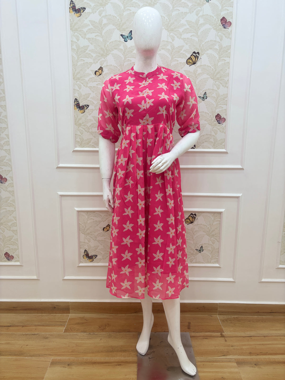 Hot Pink White Floral Print Center Zip Maxi Dress