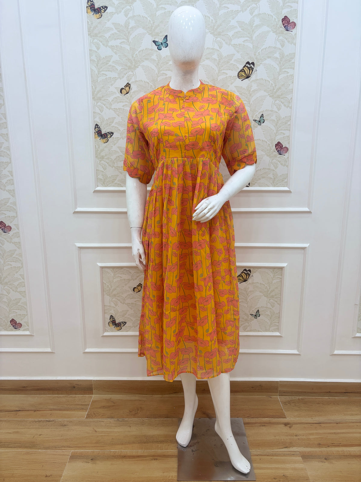 Mustard Yellow Orange Floral Print Center Zip Maxi Dress