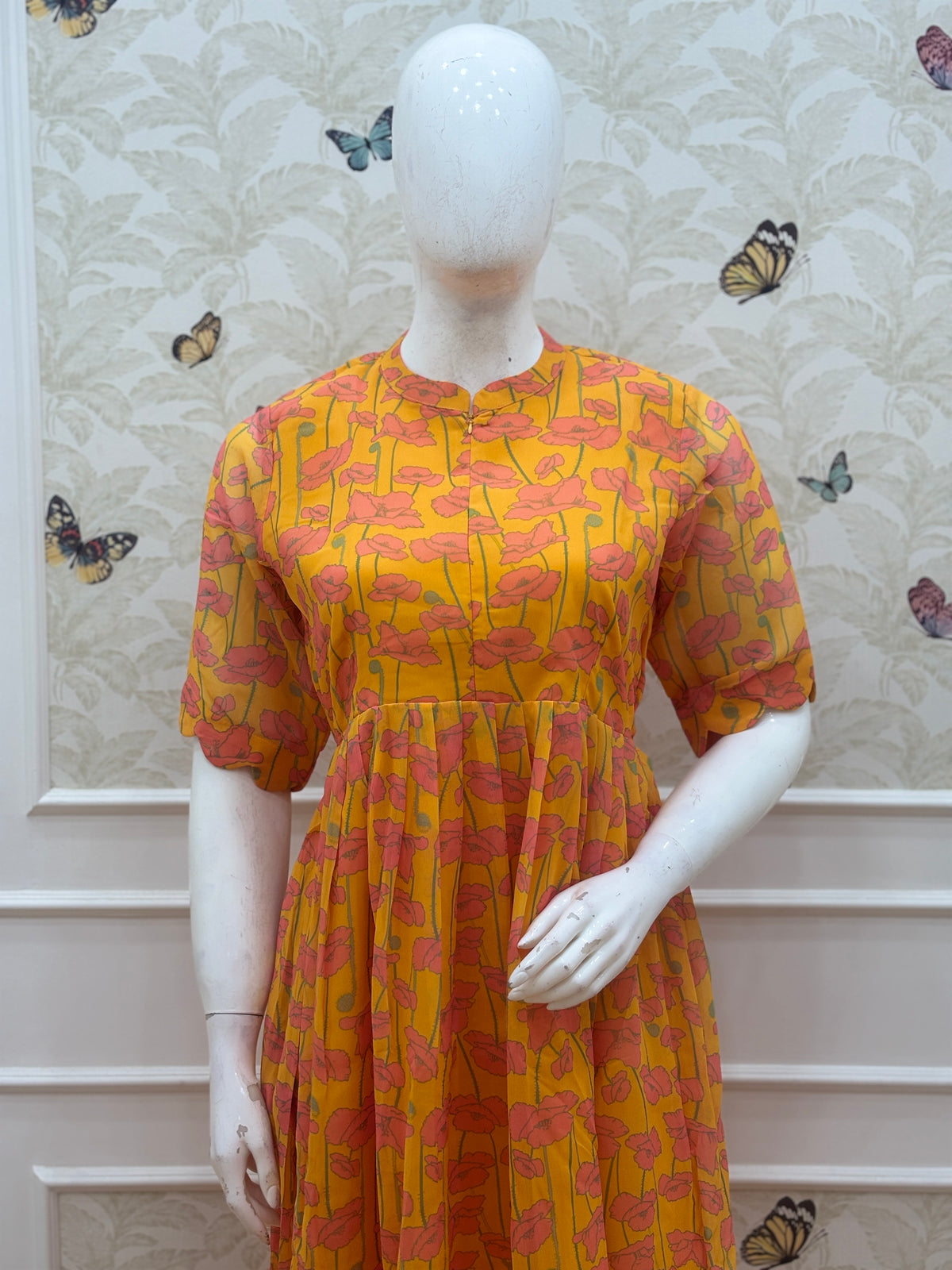 Mustard Yellow Orange Floral Print Center Zip Maxi Dress
