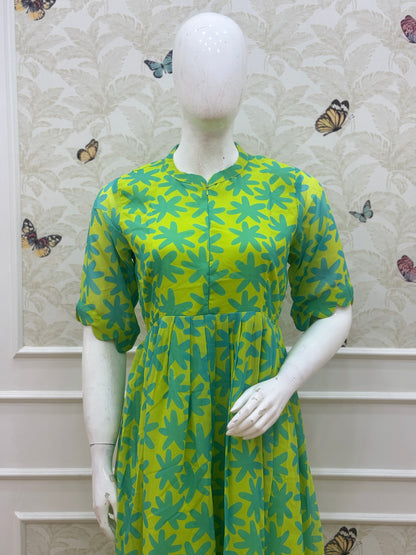 Lime Green Teal Floral Print Center Zip Maxi Dress