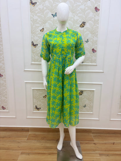 Lime Green Teal Floral Print Center Zip Maxi Dress