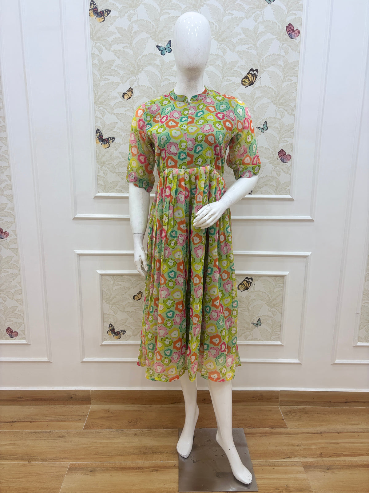 Lime Green Multicolor Floral Print Center Zip Maxi Dress