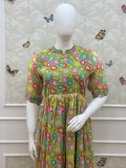 Lime Green Multicolor Floral Print Center Zip Maxi Dress