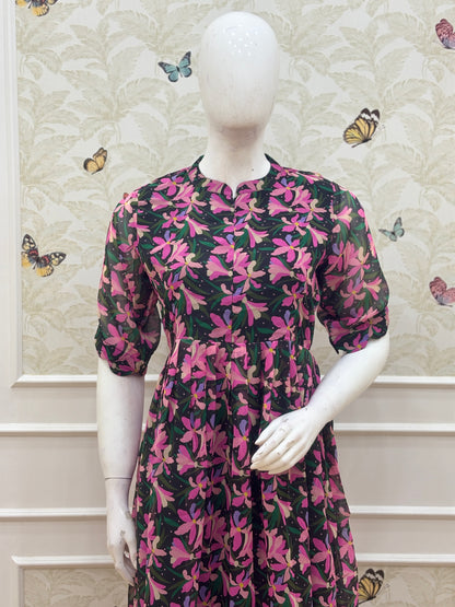 Black Pink Floral Print Center Zip Maxi Dress
