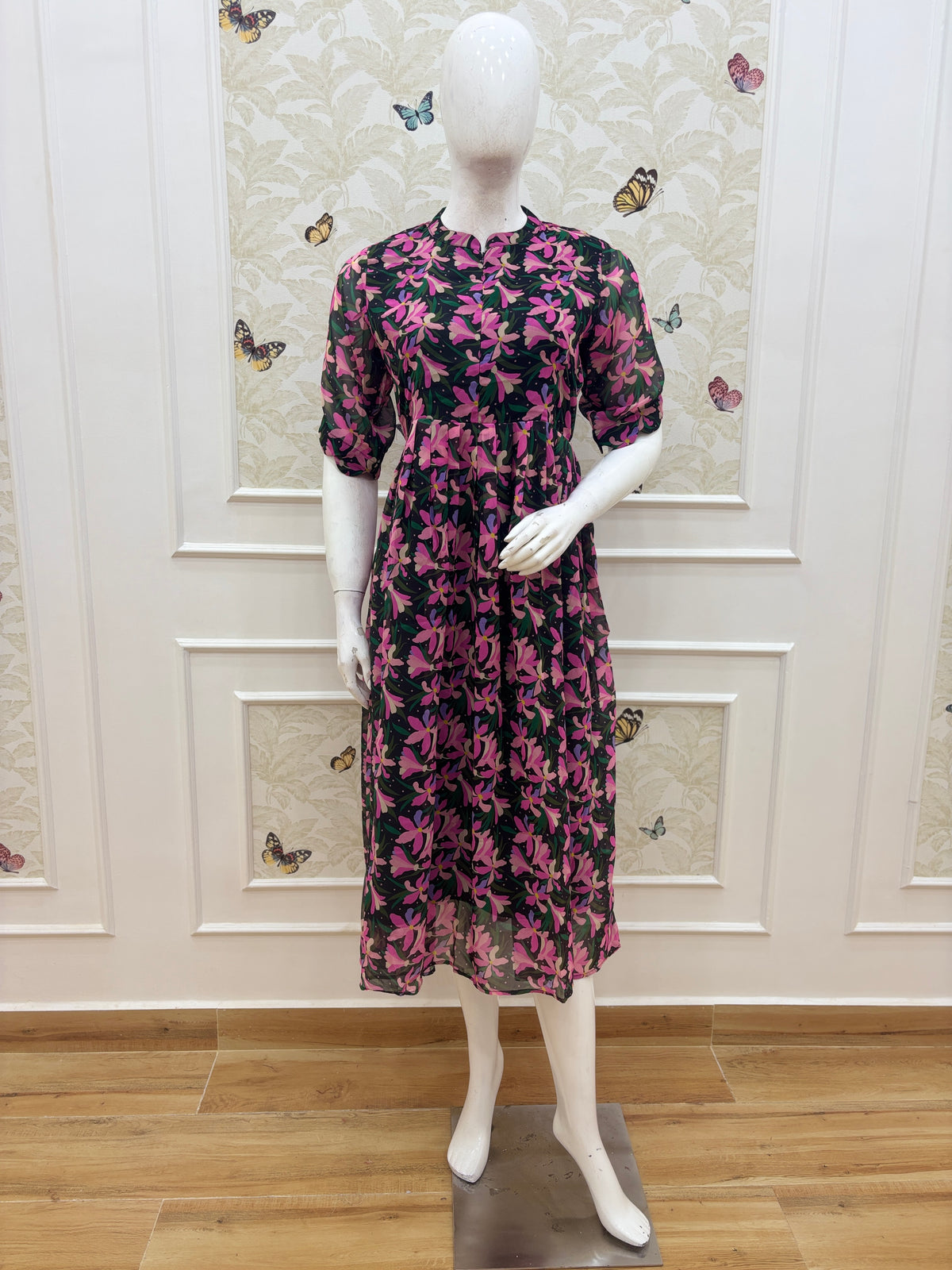 Black Pink Floral Print Center Zip Maxi Dress