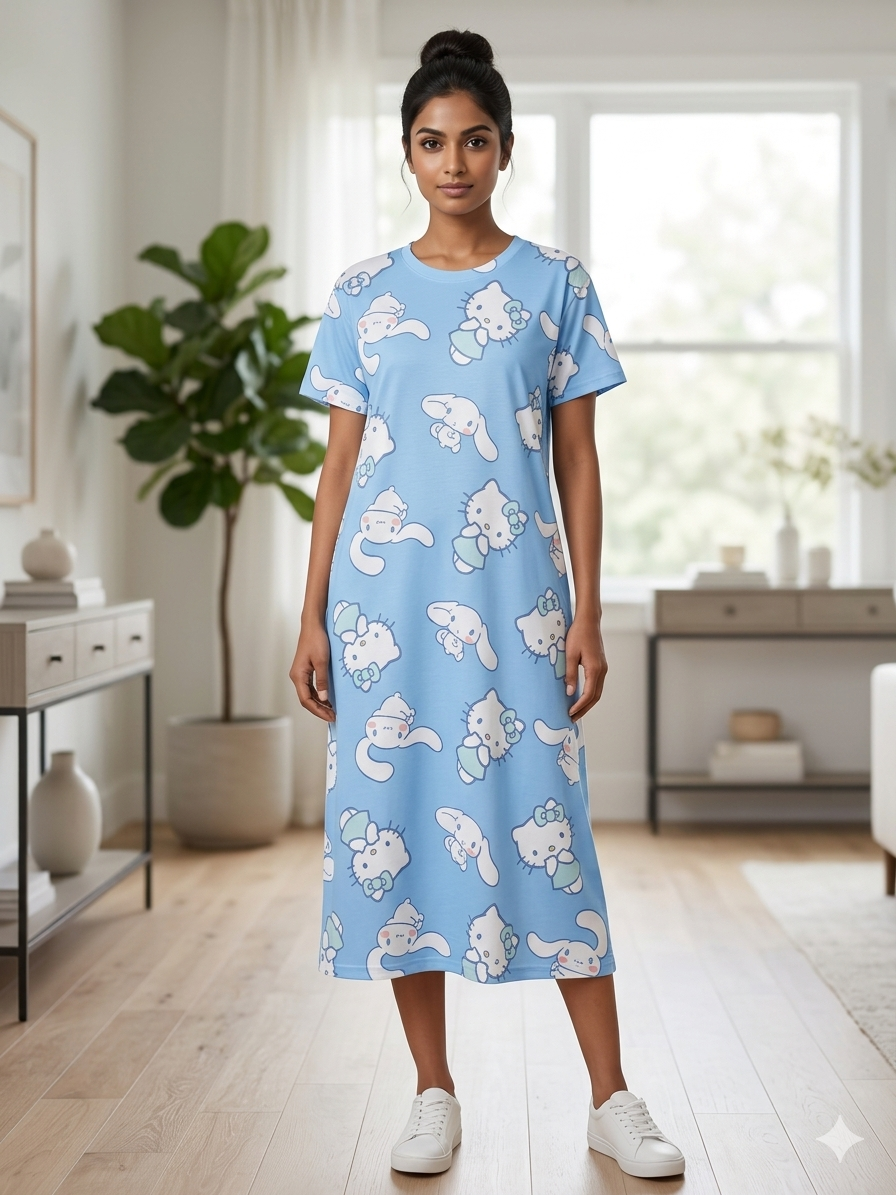 Sky Blue Kitty Print Long Tunic