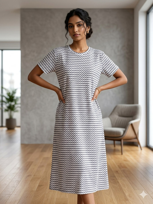 White Zigzag Print Long Tunic