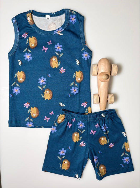 Navy Blue Flower &amp; Animals Printed Kids Sleeveless Coords