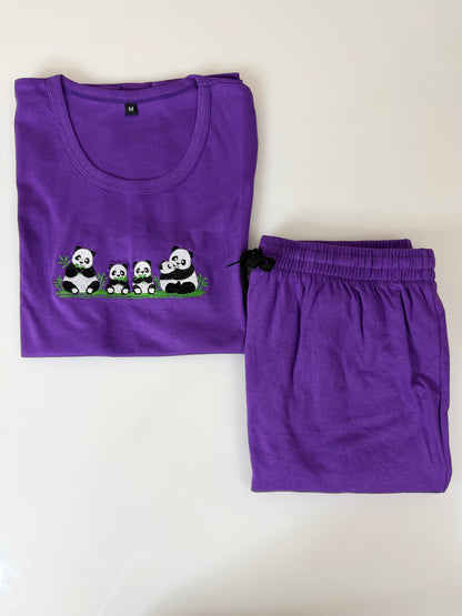 Purple Panda Embroidered T-Shirt and Jogger Set