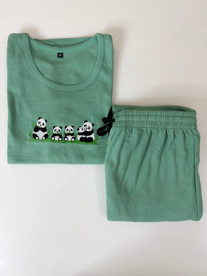Mint Green Panda Embroidered T-Shirt and Jogger Set