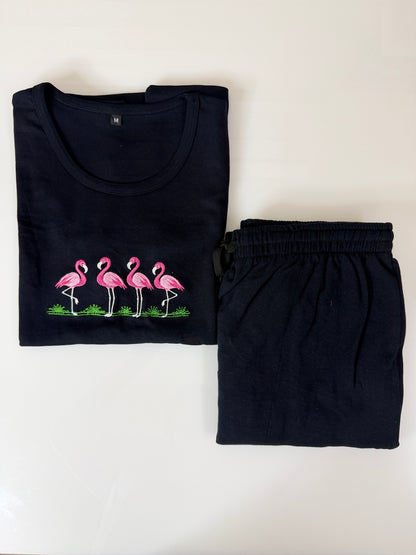 Black Flamingo Embroidered T-Shirt and Jogger Set