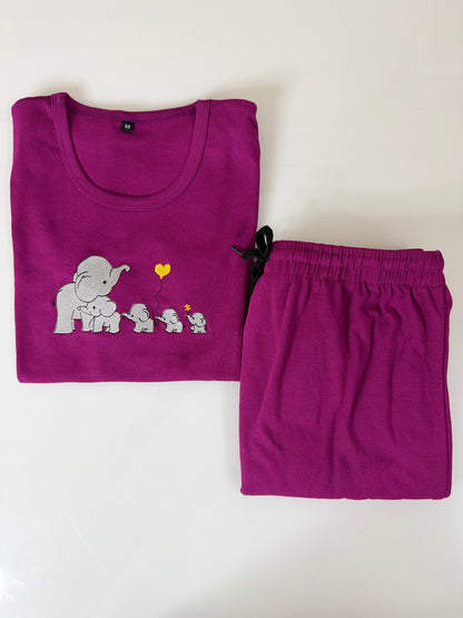 Magenta Elephant Embroidered T-Shirt and Jogger Set