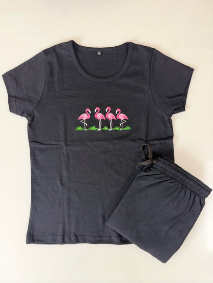 Black Flamingo Embroidered T-Shirt and Jogger Set