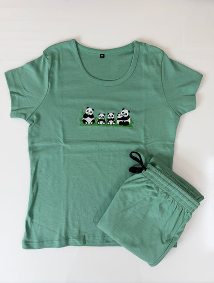 Mint Green Panda Embroidered T-Shirt and Jogger Set