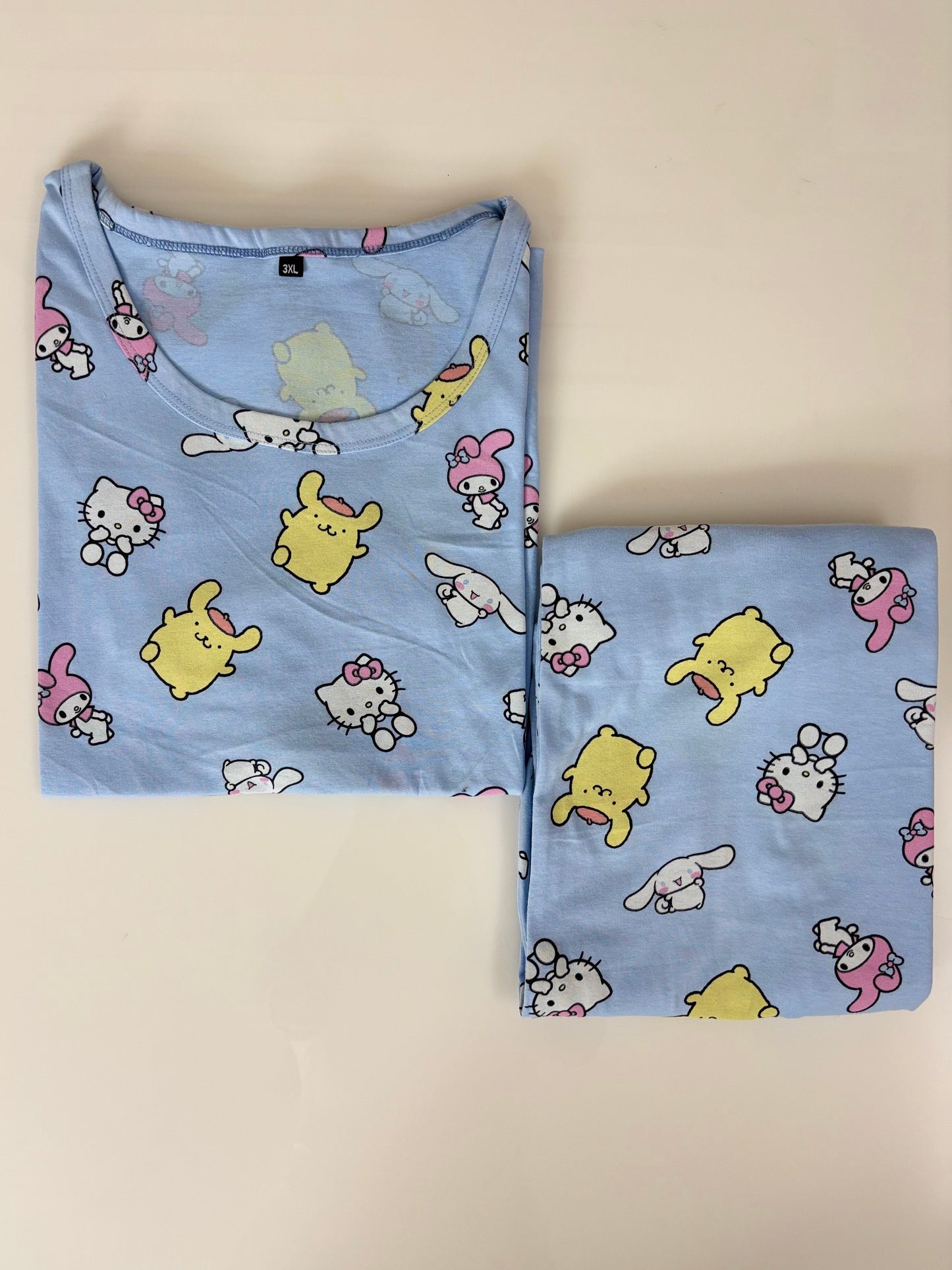 Light Blue Cartoon Character Print T-Shirt and Palazzo Set