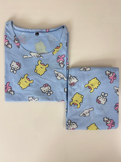 Light Blue Cartoon Character Print T-Shirt and Palazzo Set