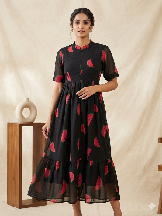 Black Watermelon Printed Georgette Center Zip Maxi