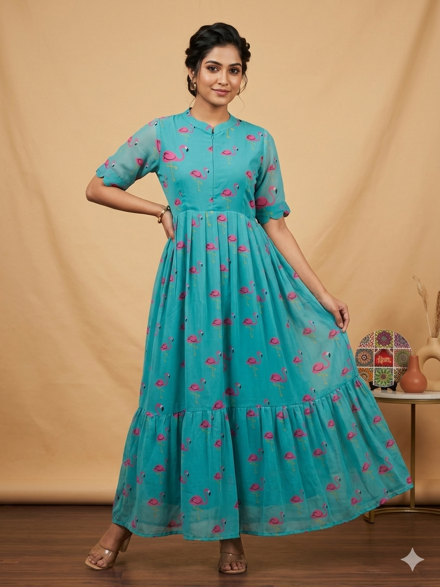 Turquoise Blue Flamingo Printed Georgette Center Zip Maxi