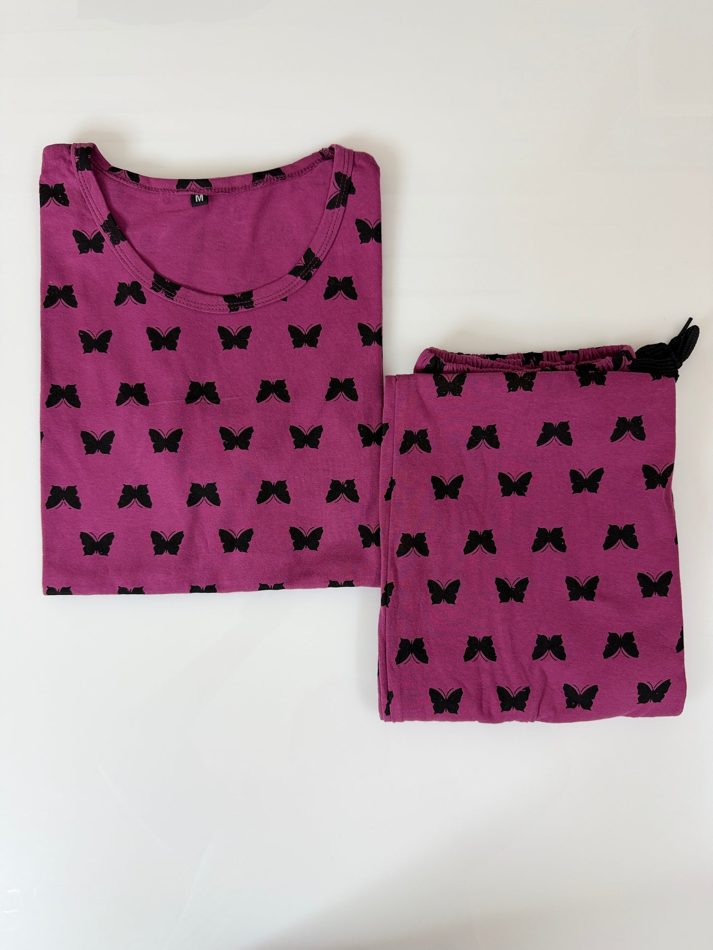 Dark Pink with Black Butterfly Printed T-shirt with Combo Pant Set