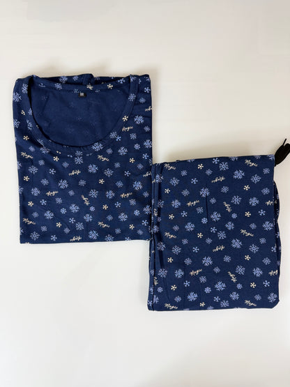 Navy Blue with Snowflakes Printed T-shirt with Combo Pant Set