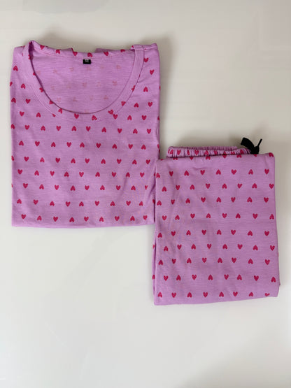 Purple with Red Hearts Printed T-shirt with Combo Pant Set