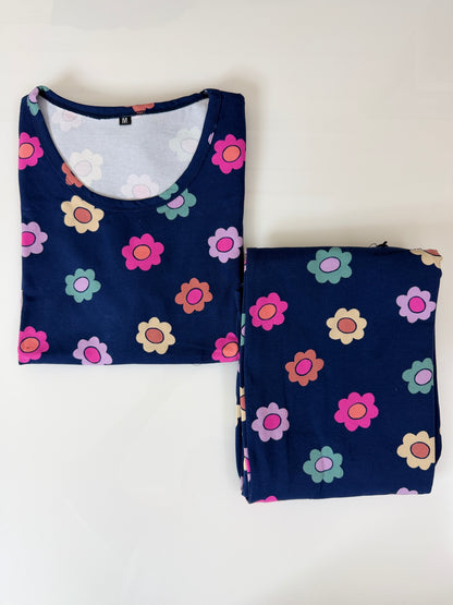 Navy Blue with Multicolor Floral Printed T-shirt with Combo Pant Set