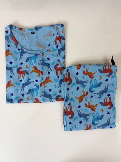 Sky-Blue with Multicolor Horse Printed T-shirt with Combo Pant Set