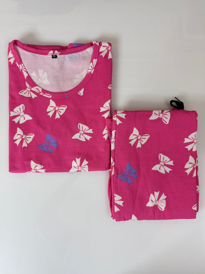 Dark Pink with Bow Pattern Printed T-shirt with Combo Pant Set