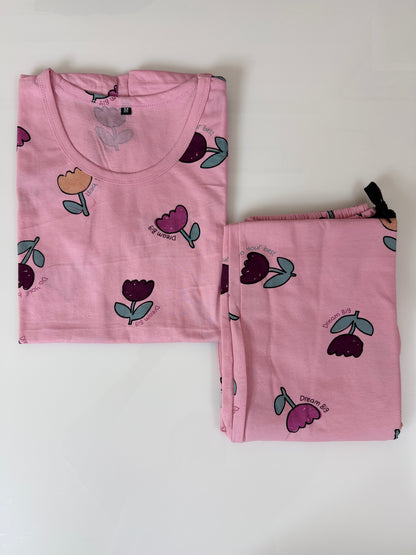 Pink with Multicolor Floral Printed T-shirt with Combo Pant Set