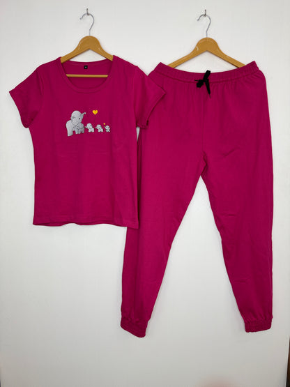 Hot Pink Elephant Embroidered T-Shirt and Jogger Set